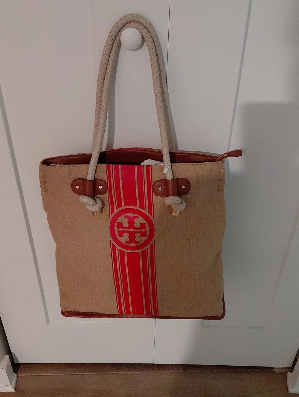 (Rare)Tory Burch Beige Canvas Tote with Red Stripe and Logo